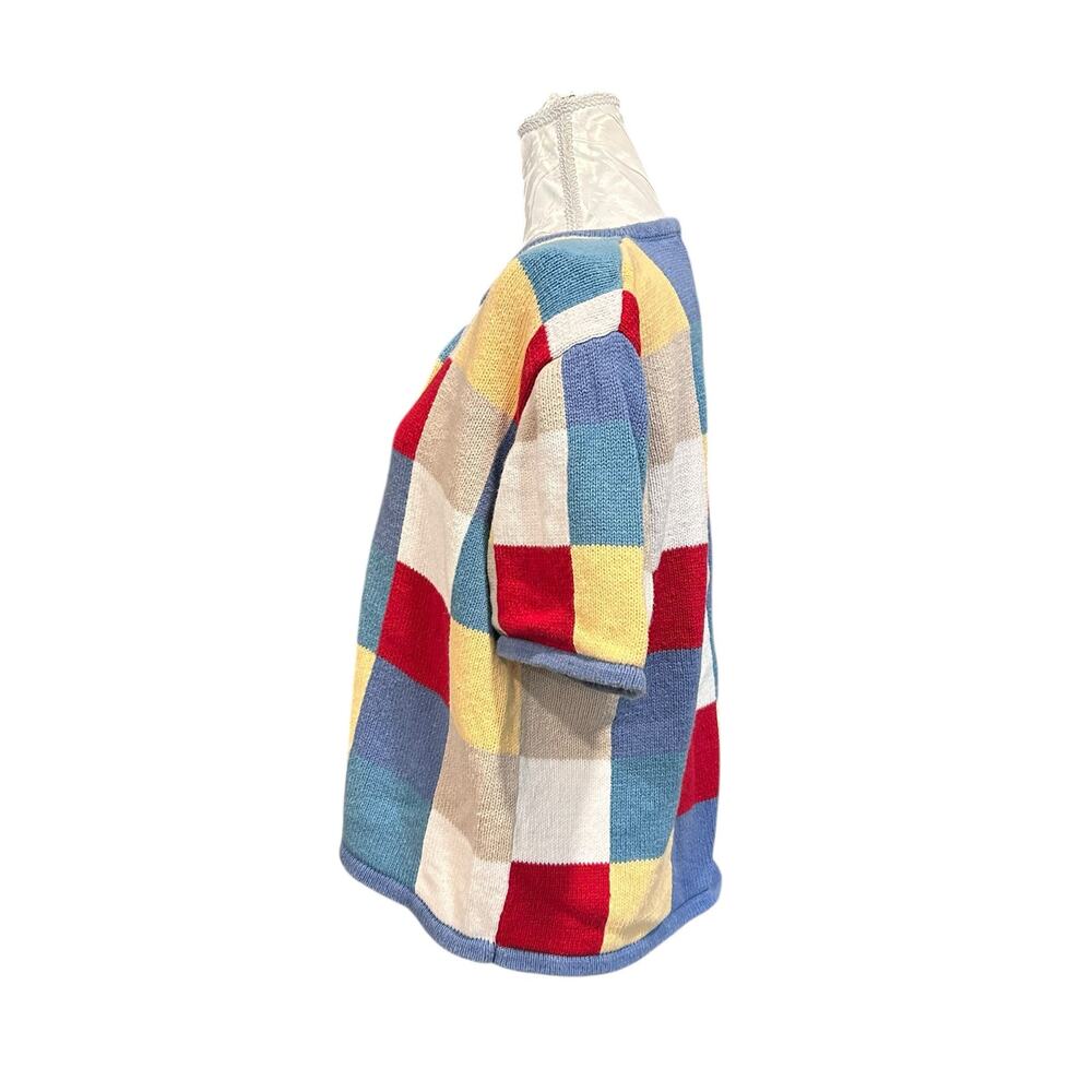 Patchwork Checked Knit Short Sleeve Cardigan Wome… - image 8